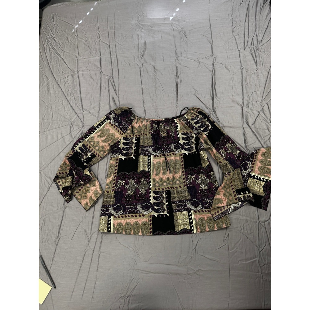 Emily Adams Vintage Paisley Patchwork‎ Bell Sleeve Blouse Purple Brown 1X USA